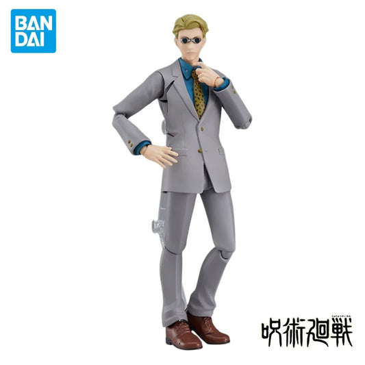Action figure in a gray suit with sunglasses, standing on a white background with Bandai logo. Jujutsu Kaisen figma No. 570 Kento Nanami Authentic 15cm Articulated Action Figure – 7:3 Ratio Technique Edition by Max Factory