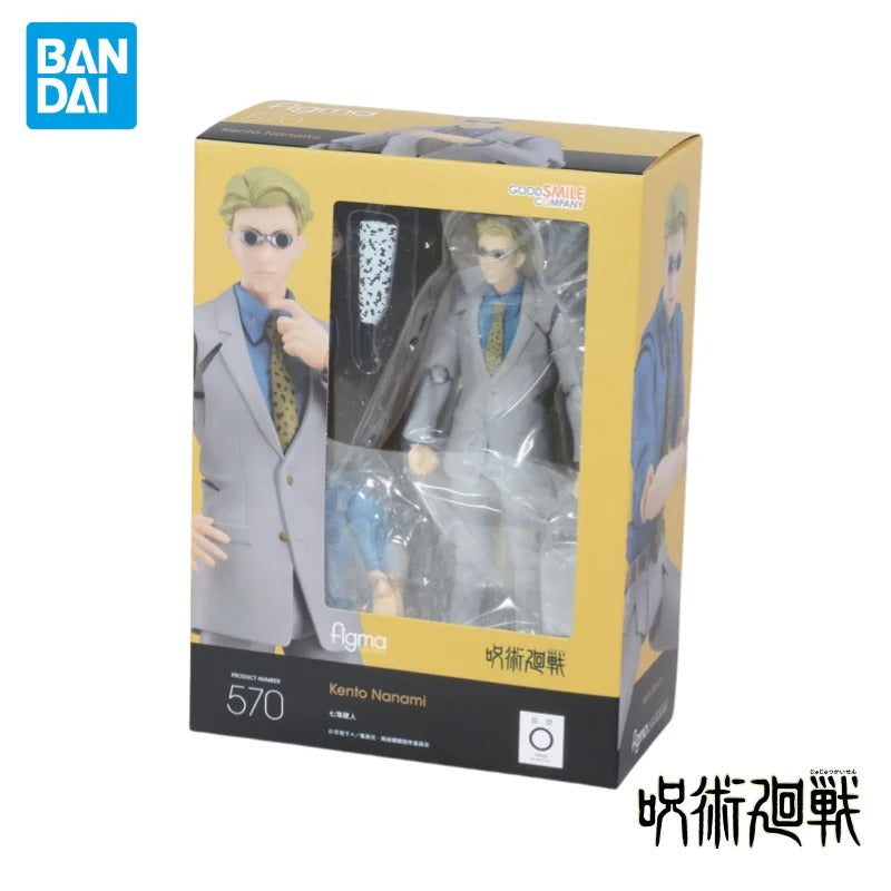 Toy figure packaging with BANDAI branding on a white background Jujutsu Kaisen figma No. 570 Kento Nanami Authentic 15cm Articulated Action Figure – 7:3 Ratio Technique Edition by Max Factory box 1