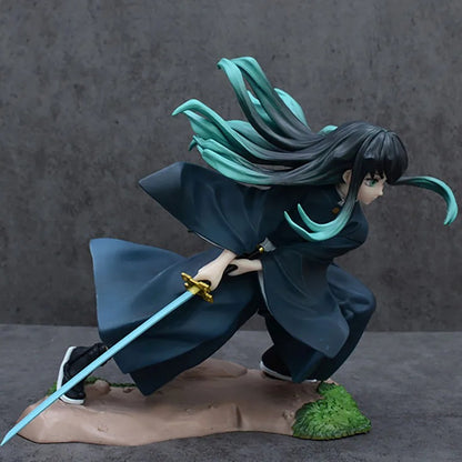 Anime character figurine with long black and teal hair, wearing a dark outfit, and holding a sword on a gray background. Kotobukiya ARTFX J Demon Slayer: Kimetsu no Yaiba Muichiro Tokito Authentic 1/8 Scale Premium Statue Figure – Mist Hashira Edition