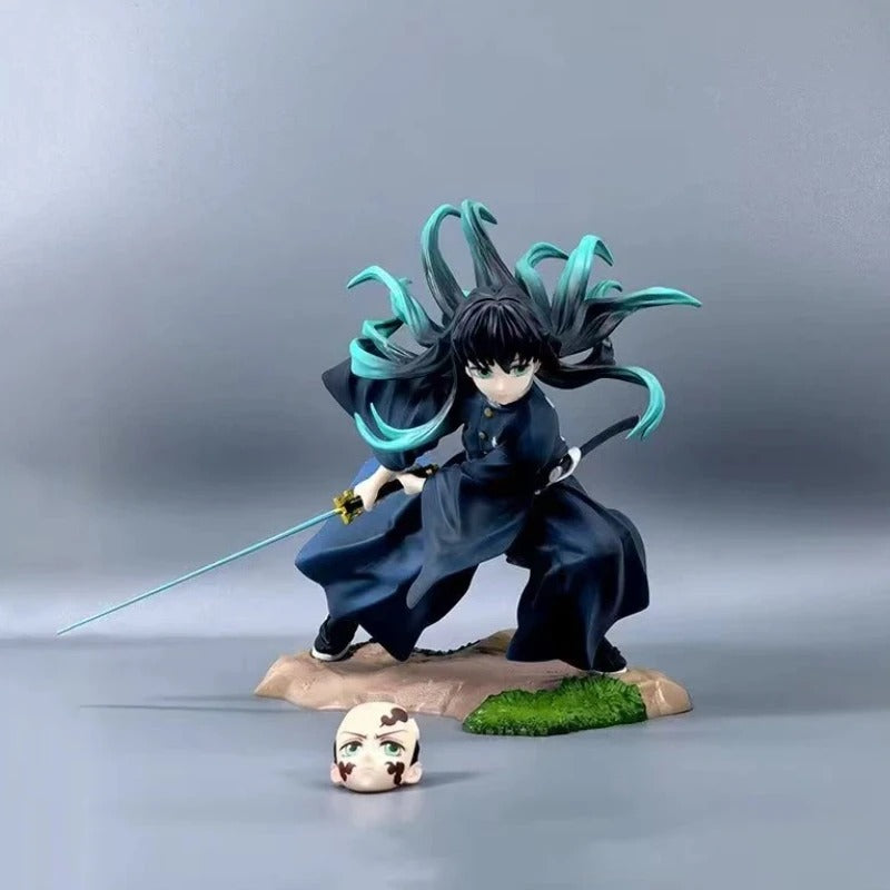 Figurine of a character with long black and teal hair, wearing a dark outfit, holding a sword on a gray background. Kotobukiya ARTFX J Demon Slayer: Kimetsu no Yaiba Muichiro Tokito Authentic 1/8 Scale Premium Statue Figure – Mist Hashira Edition