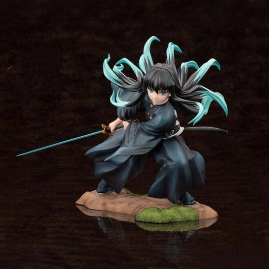 Anime character figurine with long black and teal hair, wearing a dark outfit, holding a sword on a dark background. Kotobukiya ARTFX J Demon Slayer: Kimetsu no Yaiba Muichiro Tokito Authentic 1/8 Scale Premium Statue Figure – Mist Hashira Edition