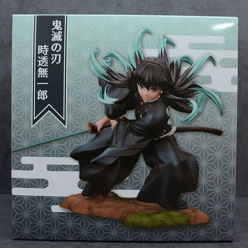 Figurine of a character from 'Demon Slayer' on a decorative box with Japanese text. Kotobukiya ARTFX J Demon Slayer: Kimetsu no Yaiba Muichiro Tokito Authentic 1/8 Scale Premium Statue Figure – Mist Hashira Edition box 1