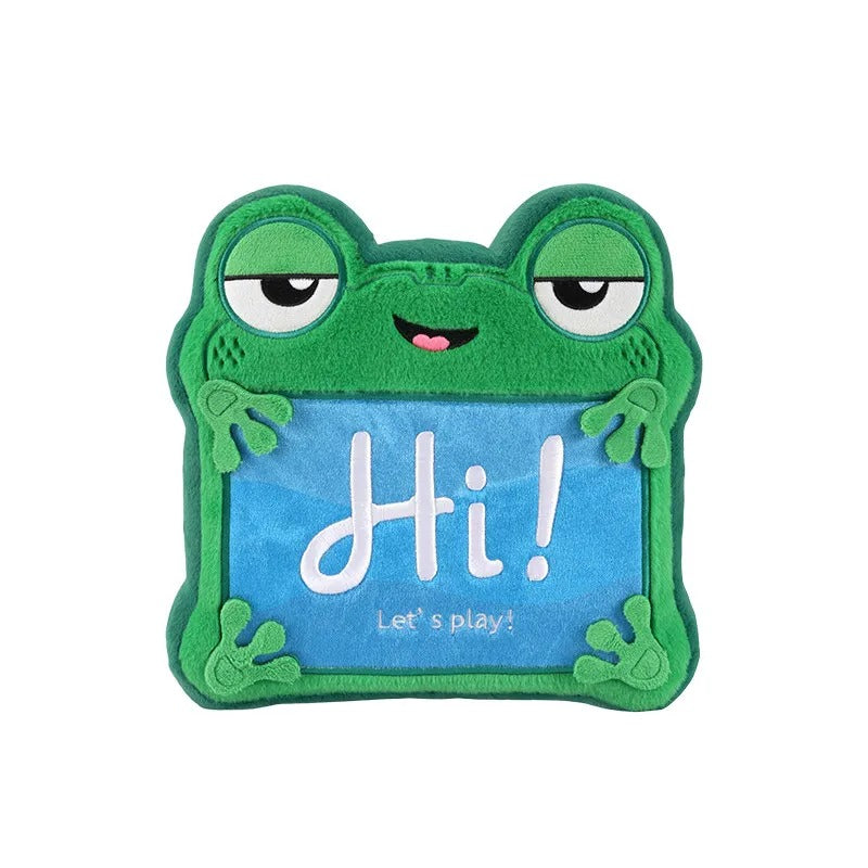 A green plush frog-shaped sign with a blue center panel that reads 'Hi! Let's play!' in white text, shown on a plain white background.