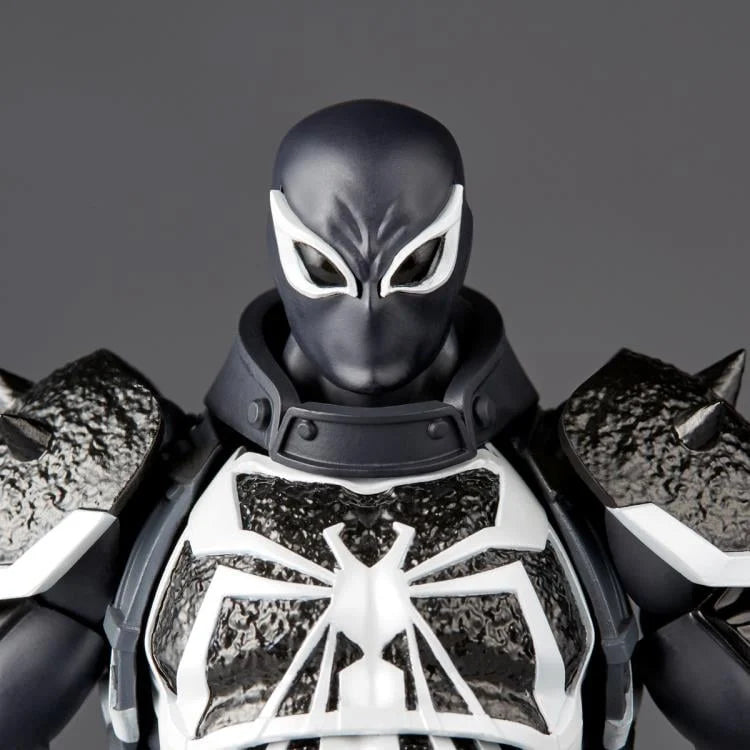 Black and white superhero figure with detailed armor on a dark background Marvel Amazing Yamaguchi Revoltech Agent Venom Authentic Action Figure