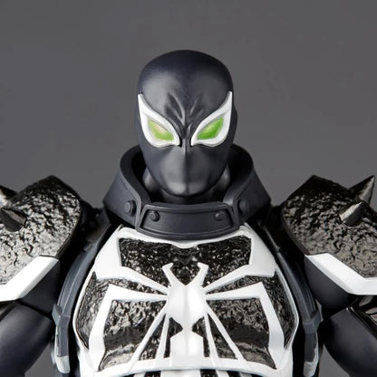 Black and white superhero figure with green eyes on a dark background Marvel Amazing Yamaguchi Revoltech Agent Venom Authentic Action Figure