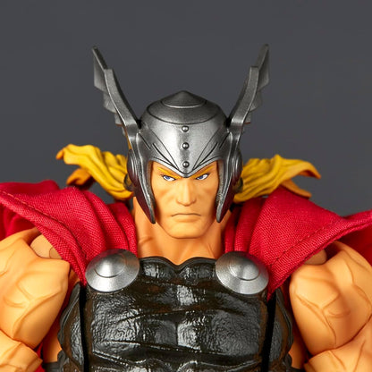 Close-up of a Thor action figure wearing a metallic silver helmet with horn-like side pieces, a red cape, and a black textured armor chest plate, against a dark gray background. Marvel Amazing Yamaguchi Revoltech NR018 Thor Authentic Action Figure