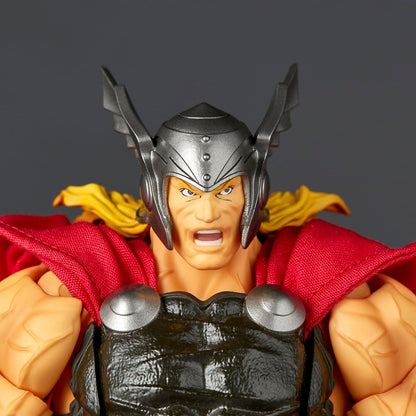 Close-up of a Thor action figure showing the face, winged helmet, red cape, and black armor against a dark gray background. Marvel Amazing Yamaguchi Revoltech NR018 Thor Authentic Action Figure