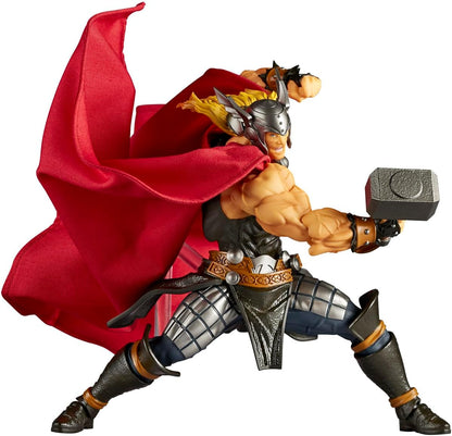 Thor action figure in a dynamic pose with a flowing red cape and holding Mjolnir, on a plain white background. Marvel Amazing Yamaguchi Revoltech NR018 Thor Authentic Action Figure