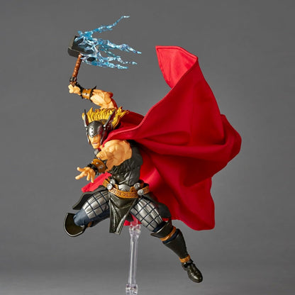 Thor action figure posed mid-leap with a translucent blue lightning effect on the hammer, wearing a flowing red cape and black armor, mounted on a clear stand against a gray studio background. Marvel Amazing Yamaguchi Revoltech NR018 Thor Authentic Action Figure