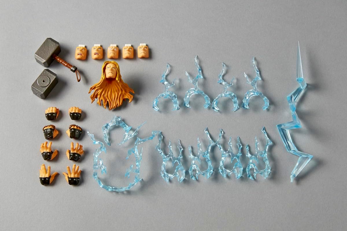 Thor's Hammer and alternate hands, a long blonde wig, and multiple translucent blue ice powers and lightning effects arranged on a gray background. Marvel Amazing Yamaguchi Revoltech NR018 Thor Authentic Action Figure