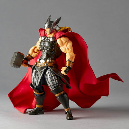 Thor action figure in black armor with a flowing red cape, holding a gray hammer, photographed against a plain gray studio background. Marvel Amazing Yamaguchi Revoltech NR018 Thor Authentic Action Figure