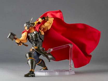 Thor action figure with a large flowing red cape, black armor, and gold accents, posed holding a hammer on a clear display stand against a gray studio background. Marvel Amazing Yamaguchi Revoltech NR018 Thor Authentic Action Figure
