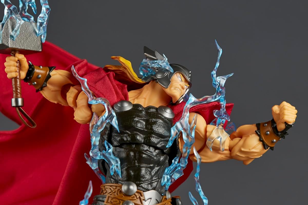 Thor action figure with a red cape, black armor, and translucent blue lightning effects, holding a silver hammer against a dark gray background. Marvel Amazing Yamaguchi Revoltech NR018 Thor Authentic Action Figure