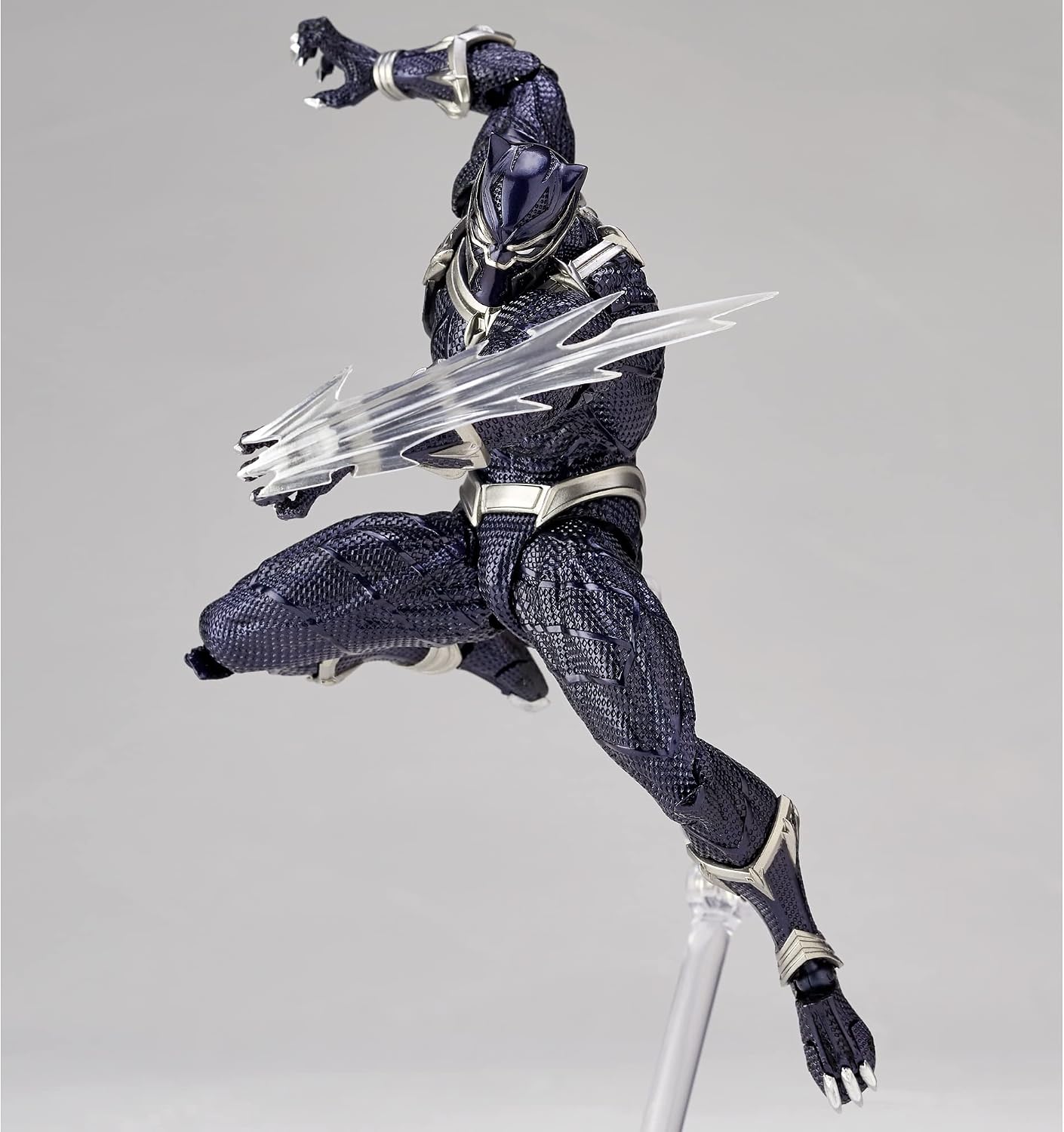 Action figure in dark blue and silver costume with weapons on a gray background Marvel Amazing Yamaguchi Revoltech No.030 Black Panther Authentic Action Figure