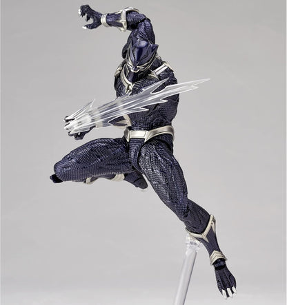 Action figure in dark blue and silver costume with weapons on a gray background Marvel Amazing Yamaguchi Revoltech No.030 Black Panther Authentic Action Figure