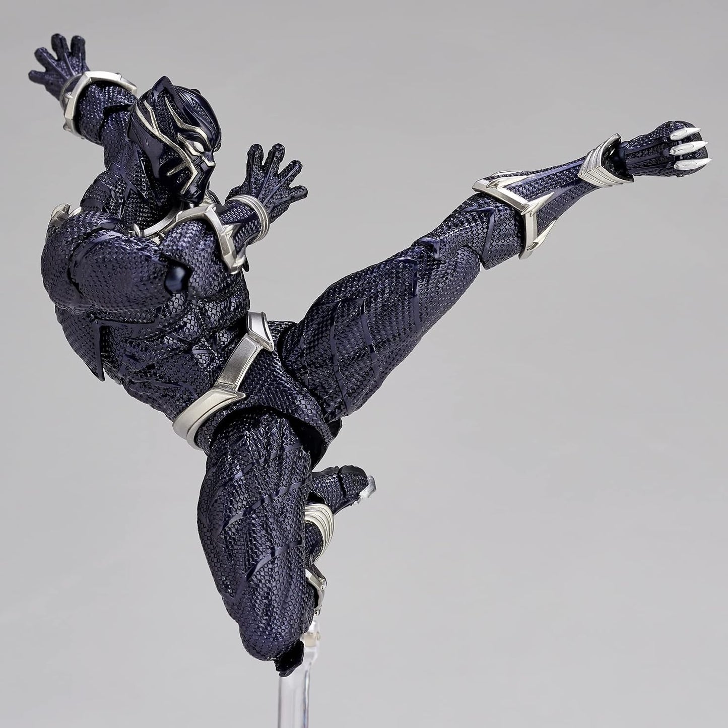 Black superhero figure in dynamic pose on a gray background Marvel Amazing Yamaguchi Revoltech No.030 Black Panther Authentic Action Figure