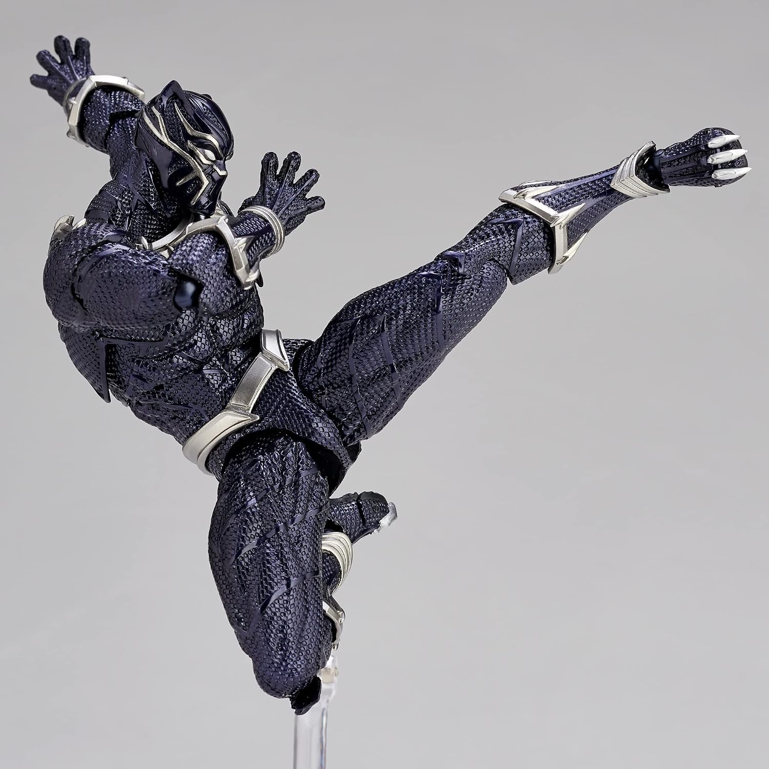Black superhero figure in dynamic pose on a gray background Marvel Amazing Yamaguchi Revoltech No.030 Black Panther Authentic Action Figure