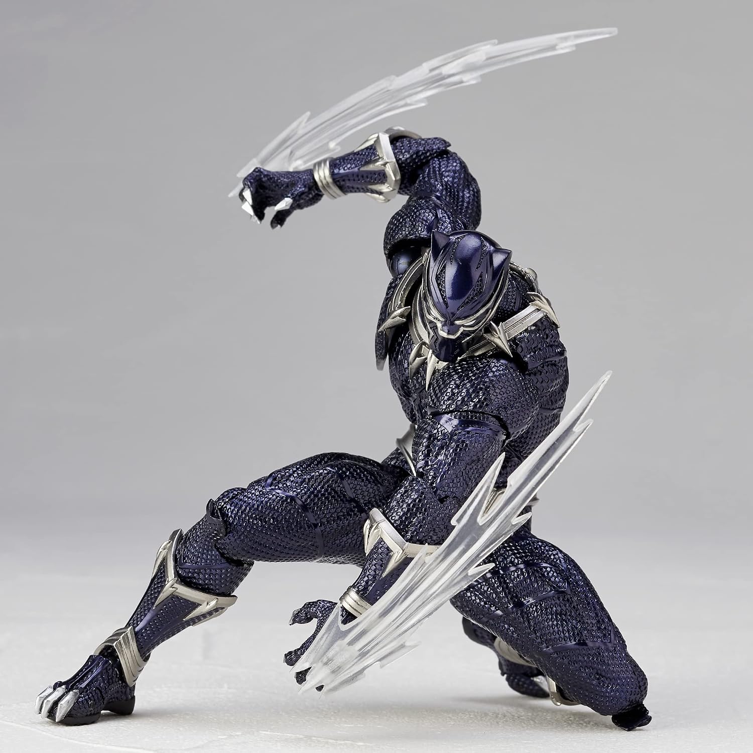 Action figure in dark blue and silver costume with weapons on a gray background Marvel Amazing Yamaguchi Revoltech No.030 Black Panther Authentic Action Figure