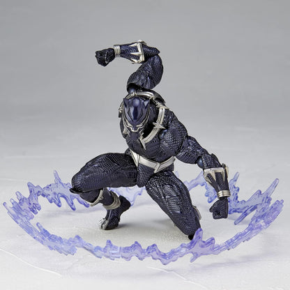 Action figure in black and silver costume with a glowing purple energy effect on a gray background Marvel Amazing Yamaguchi Revoltech No.030 Black Panther Authentic Action Figure