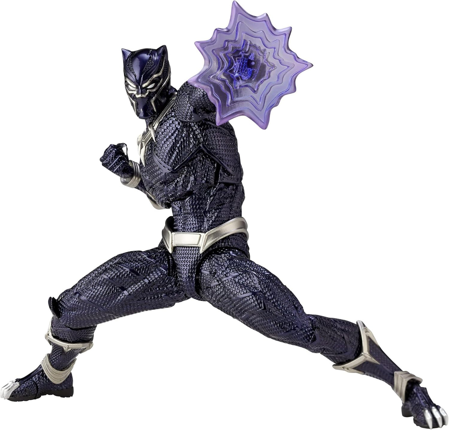 Black Panther action figure with a purple star accessory on a white background Marvel Amazing Yamaguchi Revoltech No.030 Black Panther Authentic Action Figure