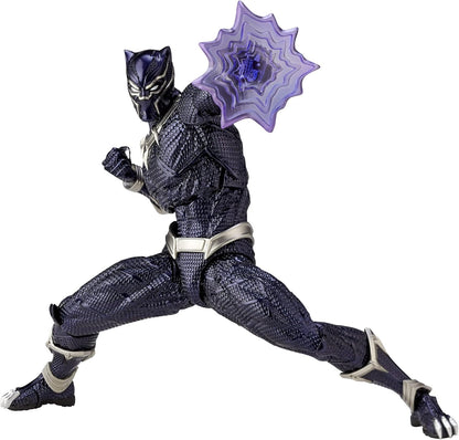Black Panther action figure with a purple star accessory on a white background Marvel Amazing Yamaguchi Revoltech No.030 Black Panther Authentic Action Figure