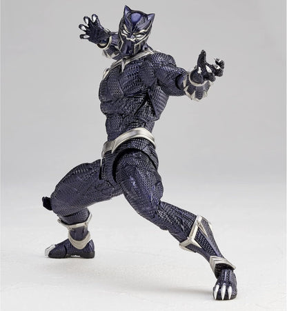 Black Panther action figure posed in a dynamic crouching stance with arms extended, featuring a dark textured suit with silver accents and metallic details, photographed against a light gray studio background. Marvel Amazing Yamaguchi Revoltech No.030 Black Panther Authentic Action Figure