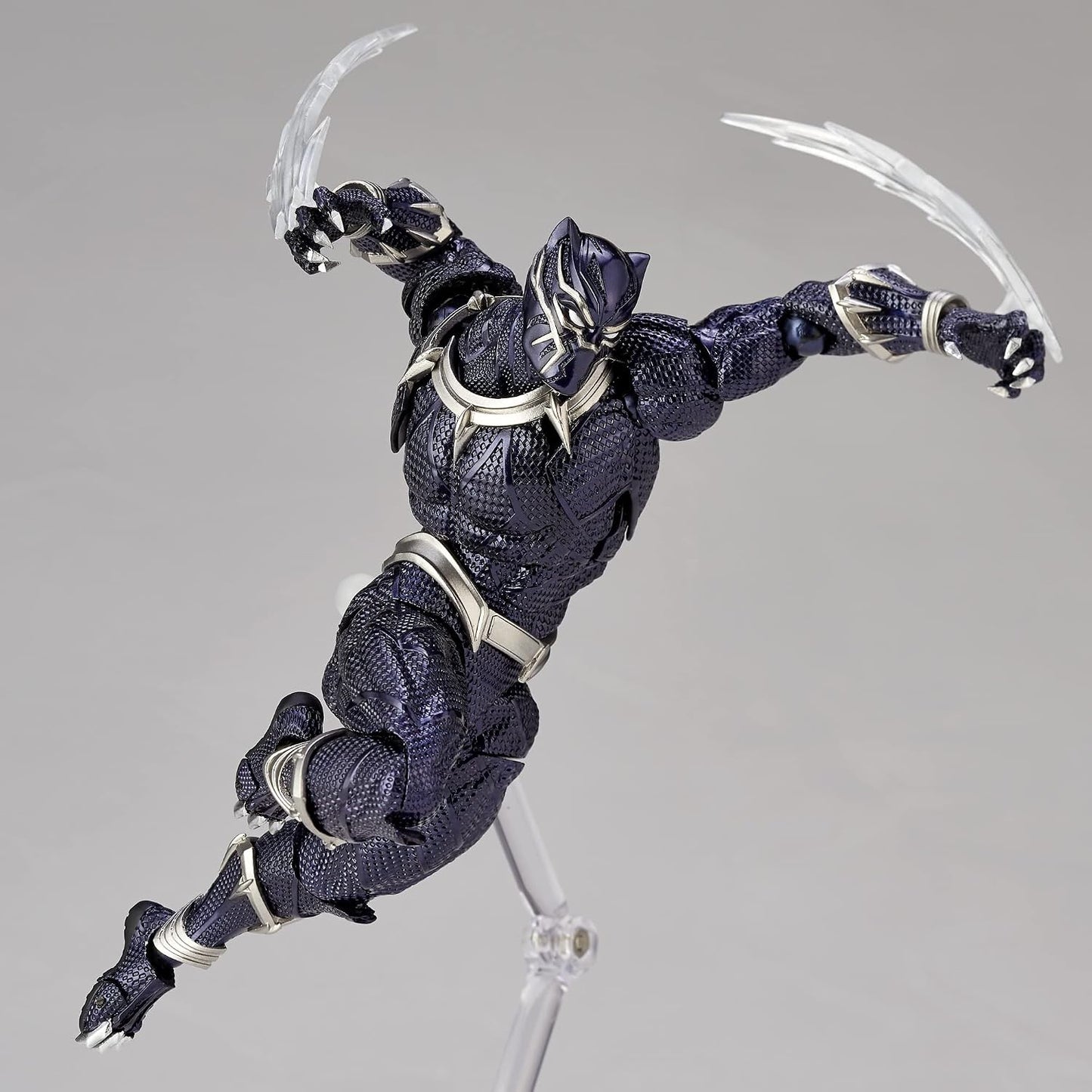 Action figure in dark blue and silver costume with weapons on a gray background Marvel Amazing Yamaguchi Revoltech No.030 Black Panther Authentic Action Figure