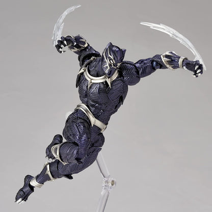 Action figure in dark blue and silver costume with weapons on a gray background Marvel Amazing Yamaguchi Revoltech No.030 Black Panther Authentic Action Figure