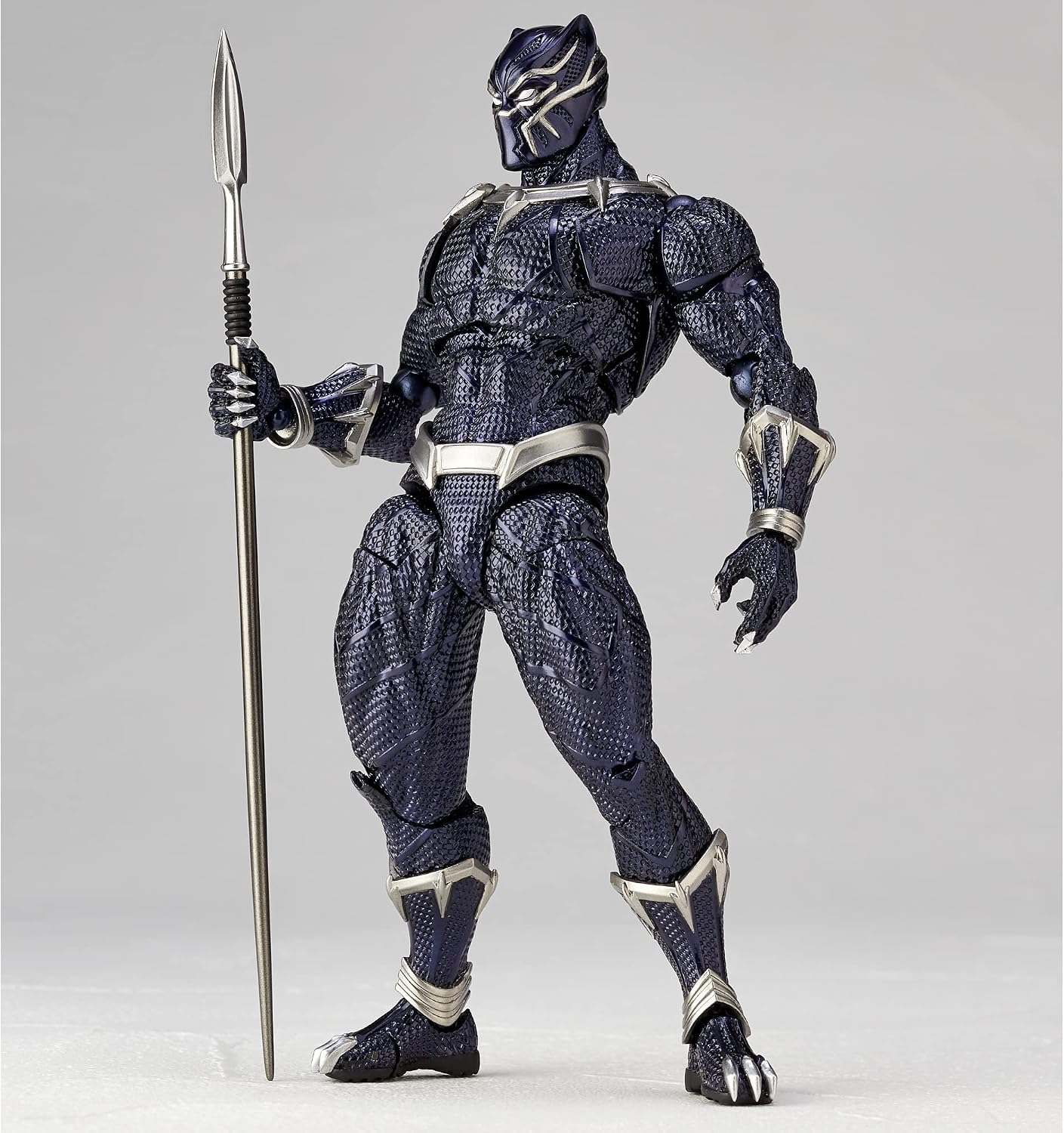 Black Panther action figure holding a spear, featuring a textured dark blue and black suit with silver accents, posed against a neutral gray background. Marvel Amazing Yamaguchi Revoltech No.030 Black Panther Authentic Action Figure