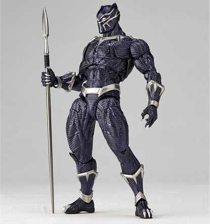 Black Panther action figure holding a spear, featuring a textured dark blue and black suit with silver accents, posed against a neutral gray background. Marvel Amazing Yamaguchi Revoltech No.030 Black Panther Authentic Action Figure