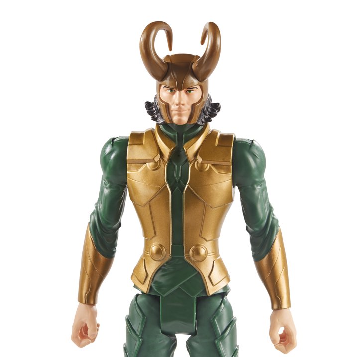 Toy figure of a character in green and gold armor with horns on a white background Marvel Avengers Titan Hero Series Blast Gear Loki 12-Inch Action Figure by Hasbro