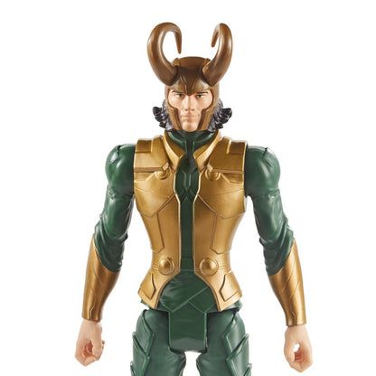 Toy figure of a character in green and gold armor with horns on a white background Marvel Avengers Titan Hero Series Blast Gear Loki 12-Inch Action Figure by Hasbro