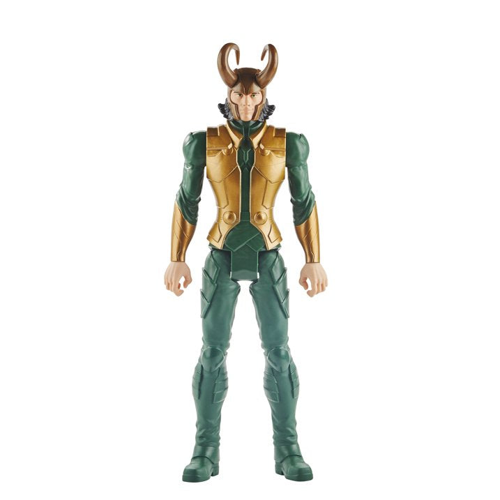 Action figure in green and gold costume on a white background Marvel Avengers Titan Hero Series Blast Gear Loki 12-Inch Action Figure by Hasbro