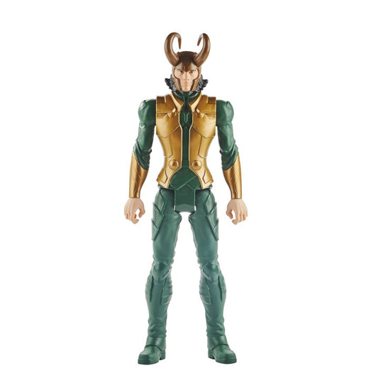 Action figure in green and gold costume on a white background Marvel Avengers Titan Hero Series Blast Gear Loki 12-Inch Action Figure by Hasbro
