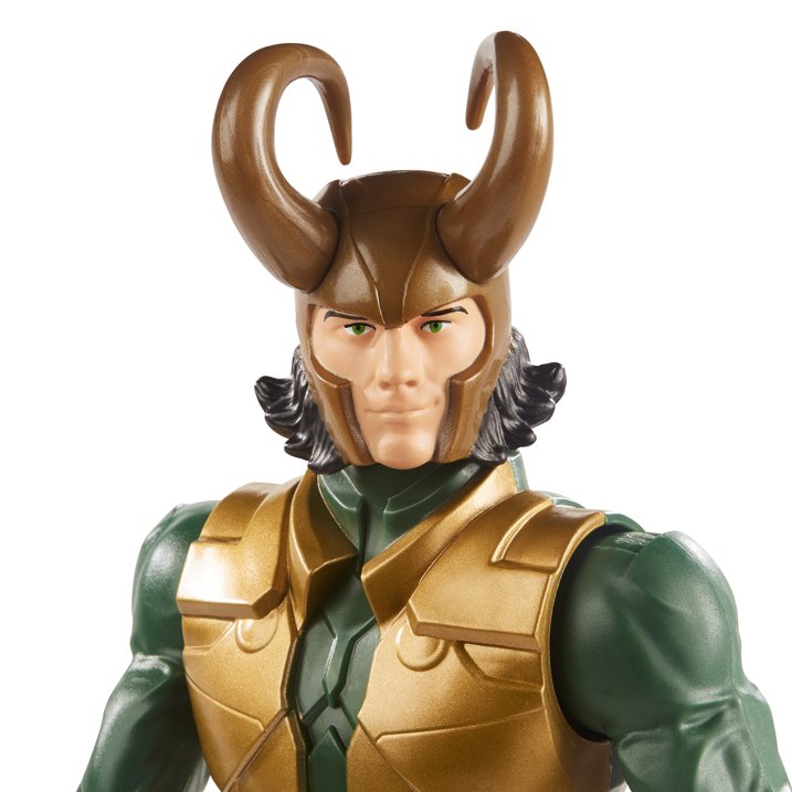 Close-up of a Loki action figure with detailed costume and helmet on a white background Marvel Avengers Titan Hero Series Blast Gear Loki 12-Inch Action Figure by Hasbro