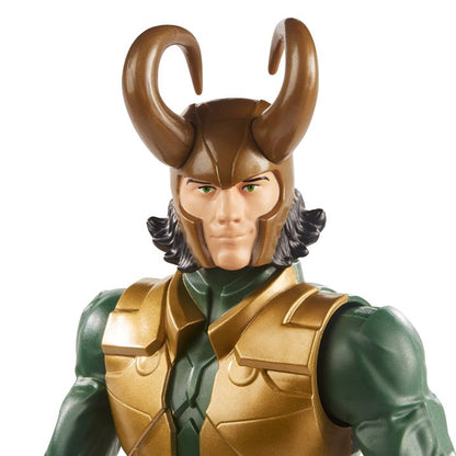 Close-up of a Loki action figure with detailed costume and helmet on a white background Marvel Avengers Titan Hero Series Blast Gear Loki 12-Inch Action Figure by Hasbro