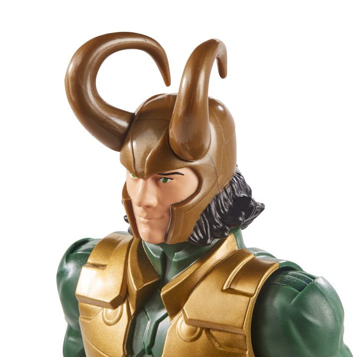 Close-up of a Loki action figure with detailed costume and helmet on a white background Marvel Avengers Titan Hero Series Blast Gear Loki 12-Inch Action Figure by Hasbro
