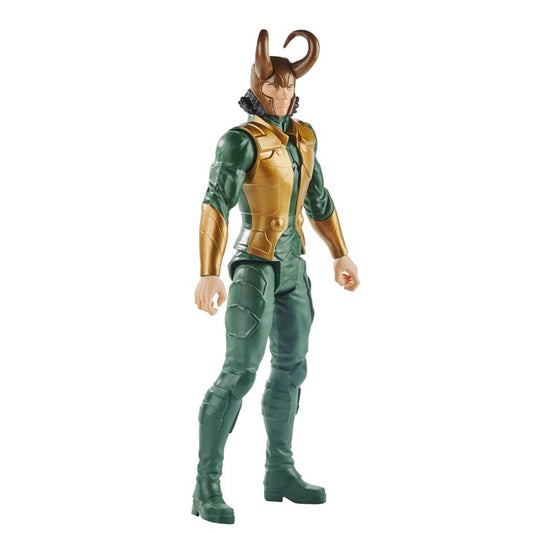 Toy figure of a character in green and gold outfit on a white background Marvel Avengers Titan Hero Series Blast Gear Loki 12-Inch Action Figure by Hasbro