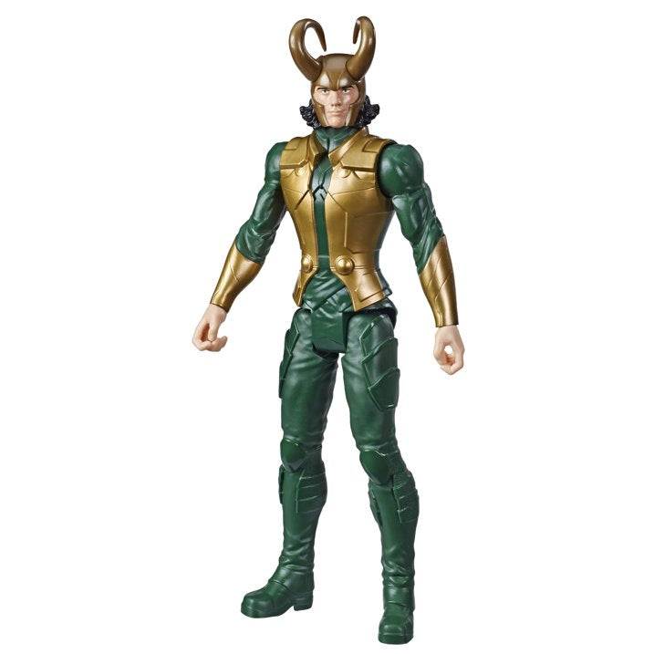 Action figure in green and gold costume on a white background Marvel Avengers Titan Hero Series Blast Gear Loki 12-Inch Action Figure by Hasbro