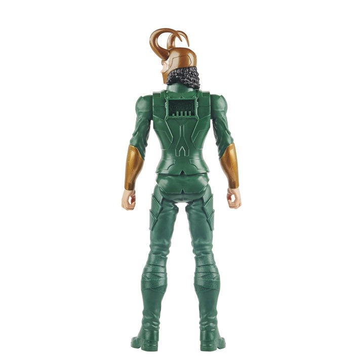 Action figure in green suit with brown hair on a white background Marvel Avengers Titan Hero Series Blast Gear Loki 12-Inch Action Figure by Hasbro