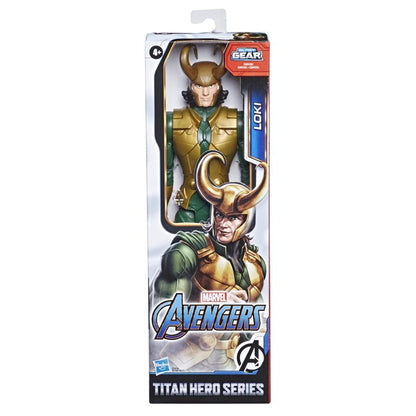 Marvel Loki action figure in packaging with Avengers logo Marvel Avengers Titan Hero Series Blast Gear Loki 12-Inch Action Figure by Hasbro