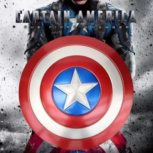 Captain America's shield with superhero in background Marvel Captain America 47.5cm Full Metal Prop Replica Shield