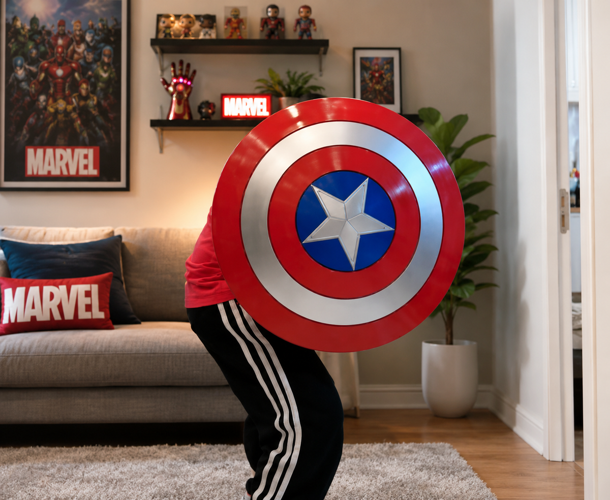 Person holding a Captain America shield in a living room with Marvel decor. Marvel Captain America 47.5cm Full Metal Prop Replica Shield