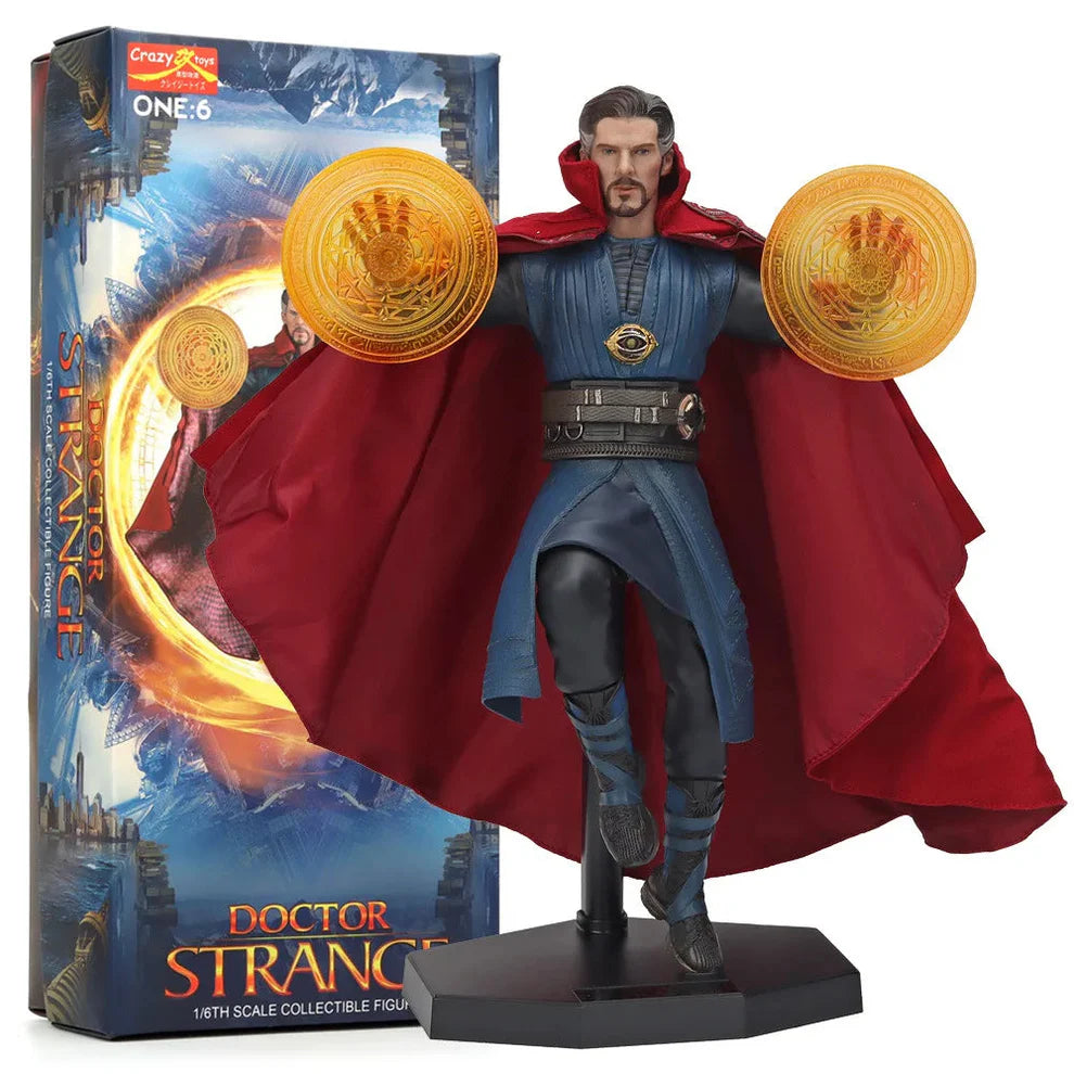 Doctor Strange action figure with red cape and yellow discs in front of its packaging Marvel Doctor Strange (Sorcerer Supreme Edition) 28cm Premium Figure by Crazy Toys