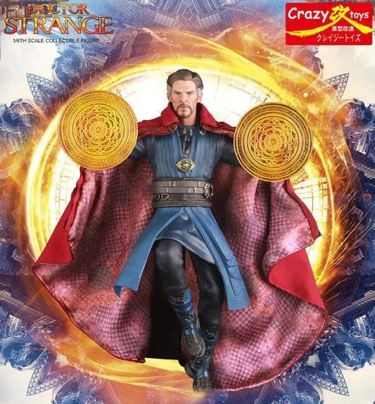 Doctor Strange action figure with gold discs and red cape against a mystical background, featuring Crazy Toys branding. Marvel Doctor Strange (Sorcerer Supreme Edition) 28cm Premium Figure by Crazy Toys