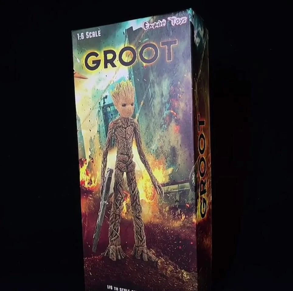 Boxed Groot figure from ExoLife Toys on a dark background Marvel Guardians of the Galaxy Groot 1/6 Scale Premium Figure by Empire Toys