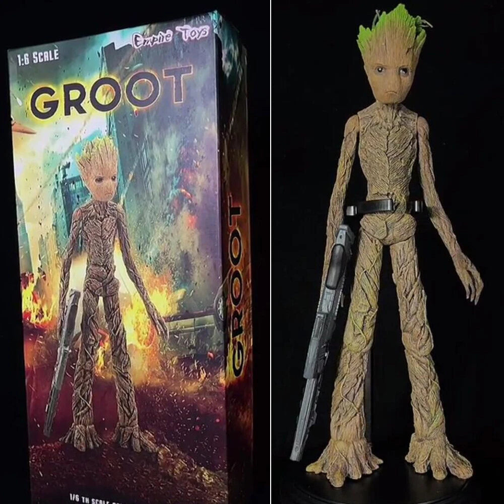 Groot action figure next to its packaging Marvel Guardians of the Galaxy Groot 1/6 Scale Premium Figure by Empire Toys
