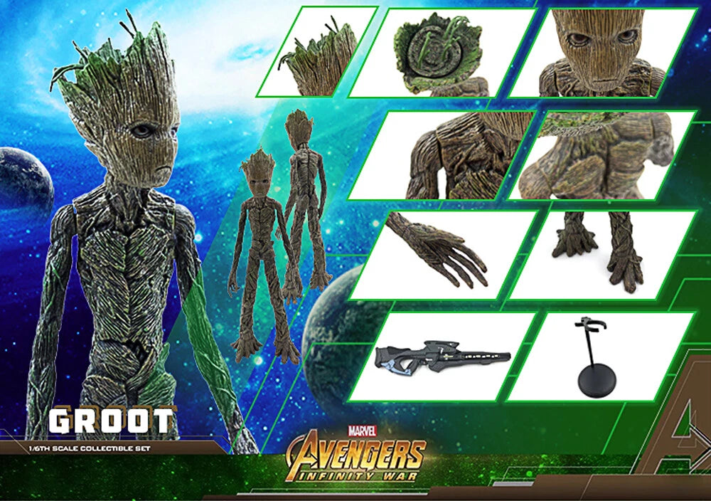 Marvel Groot collectible set with various parts on a space-themed background Marvel Guardians of the Galaxy Groot 1/6 Scale Premium Figure by Empire Toys