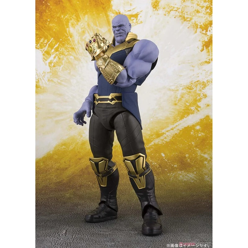 Superhero figure with purple skin and gold accents against a yellow and white background Marvel Studios Avengers: Infinity War Thanos S.H.Figuarts Action Figure by Bandai Tamashii Nations.
