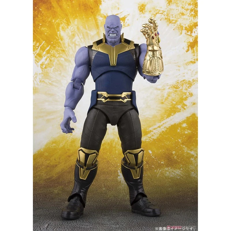 Action figure of a character in a blue and gold costume against a yellow and white background Marvel Studios Avengers: Infinity War Thanos S.H.Figuarts Action Figure by Bandai Tamashii Nations